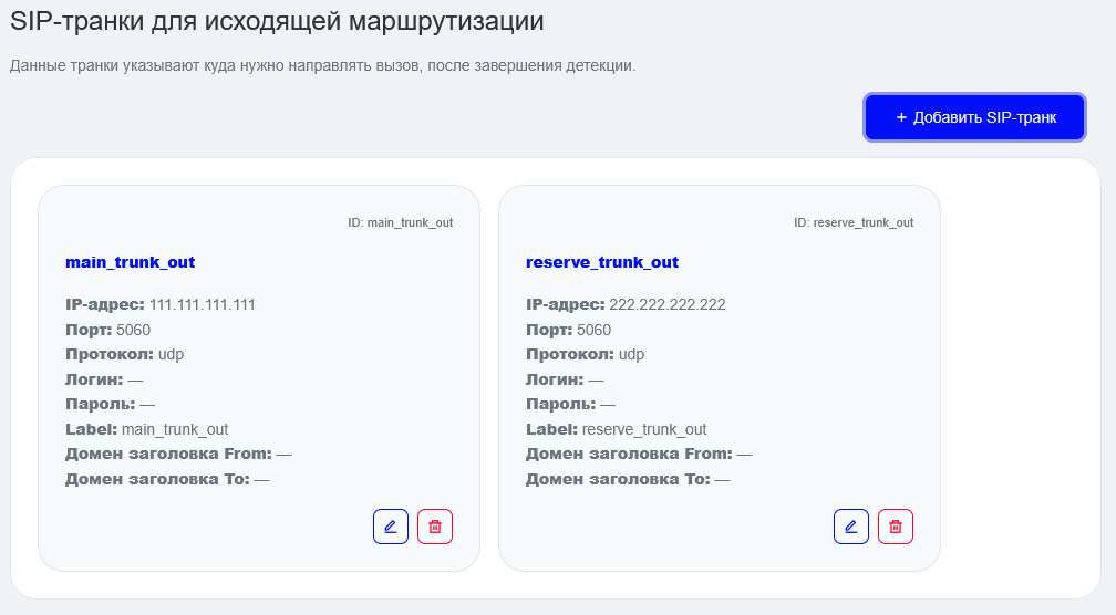 Исходящие транки